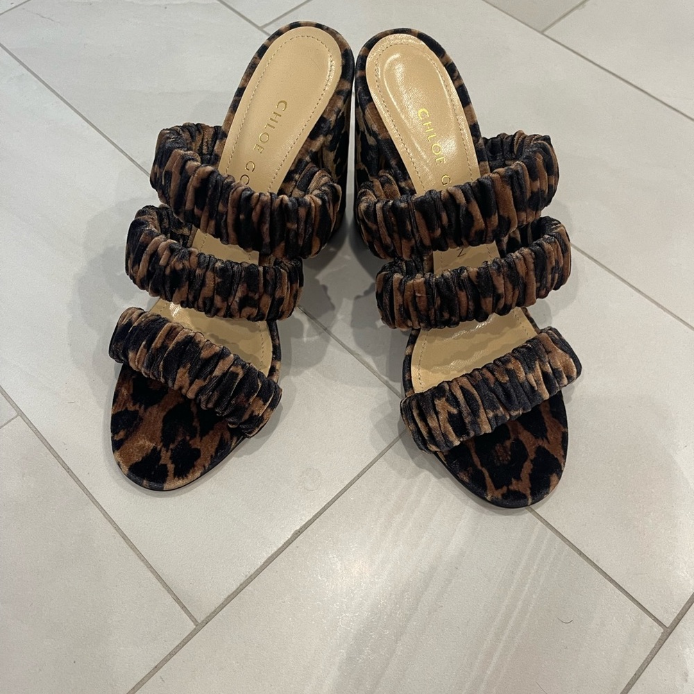 Chloe Gosselin 3 strap leopard block heel